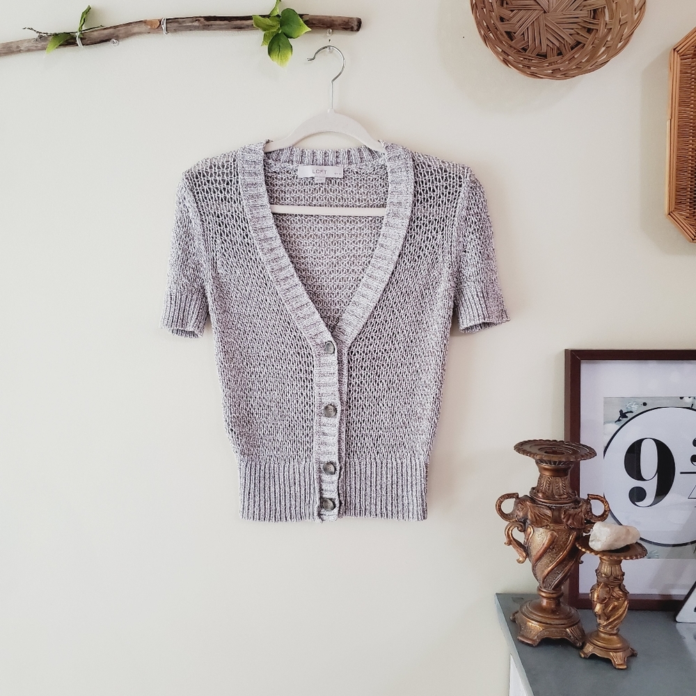 LOFT Petite Knit Sparkle Cardigan Taupe/Gray MP
